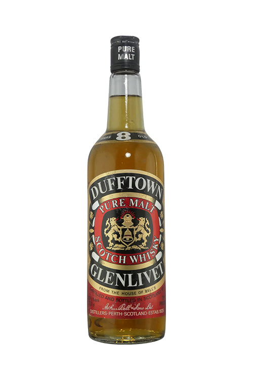 Dufftown Glenlivet, 8 years Old, Pure Malt Scotch Whisky, 70 proof, 75.7cl. (top of cardboard tube is missing metal lid; tube is weathered) (750ml)