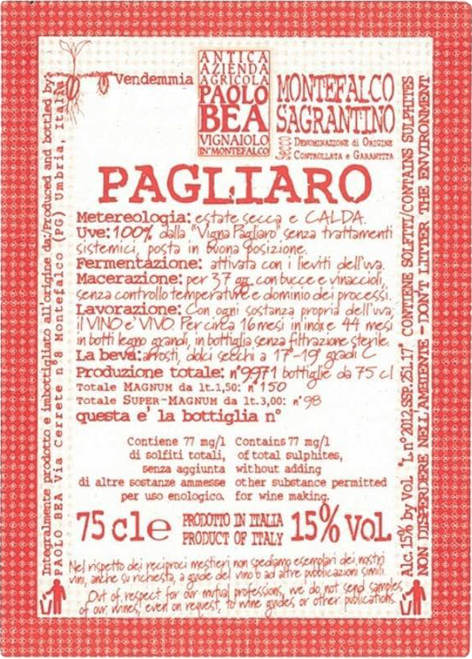 Paolo Bea Montefalco Sagrantino VV Pagliaro Secco  - 2019 (750ml)